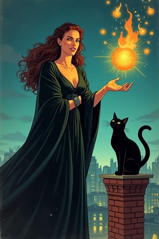 A powerful witch stands on a rooftop. She has long wavy brown hair and wears dark robes. Her smile is sly. She conjures a glowing orb. Sparks fly from her fingers. A black cat sits on the chimney. The city glows at night. The style resembles vintage comic propaganda art.