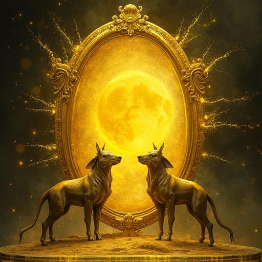 Mystical mirror with yellow sparks and runes symbolizing knowledge. Two dogs face the mirror. Golden and ethereal atmosphere surrounds them.
