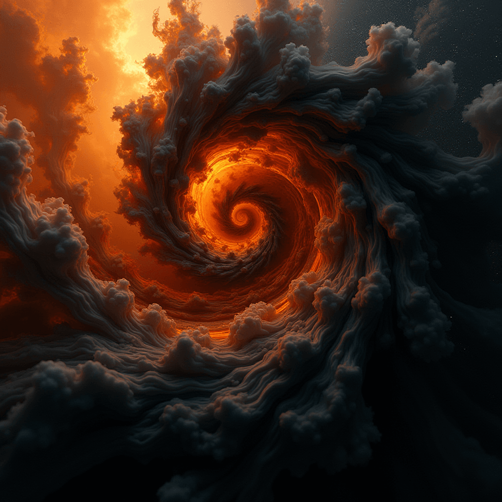 A dramatic swirl of dark clouds encircles a bright, fiery orange center.