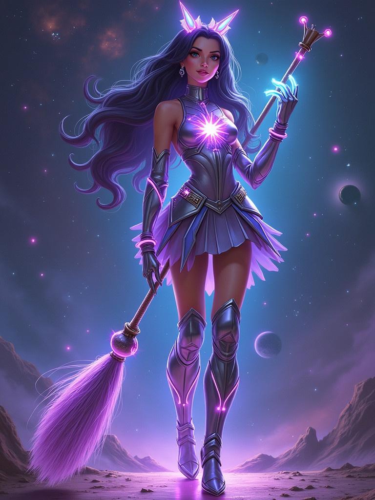 A magical girl uniform inspired by Sailor Moon. Redesigned for a futuristic space witch. Outfit features a short metallic skirt with angular patterns resembling cosmic armor. Sleek top with glowing star and galaxy motifs. Glowing chest emblem shaped like a celestial star. Thigh-high glossy boots. Long gloves with magical runes. Space-age tiara with ethereal glow. Holding a high-tech broomstick with neon accents. Vibrant colors with deep purples, silver, and neon blues. Cosmic scene in the background with stars and nebulae.