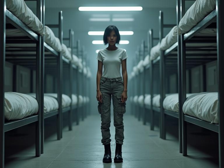 Photo depicting a female soldier in a dormitory. She has short dark hair. Wears a short white t-shirt and light grey army pants. Stands in front of metal bunk beds. Bright fluorescent lights cast shadows. Image features a dark filter for mood.