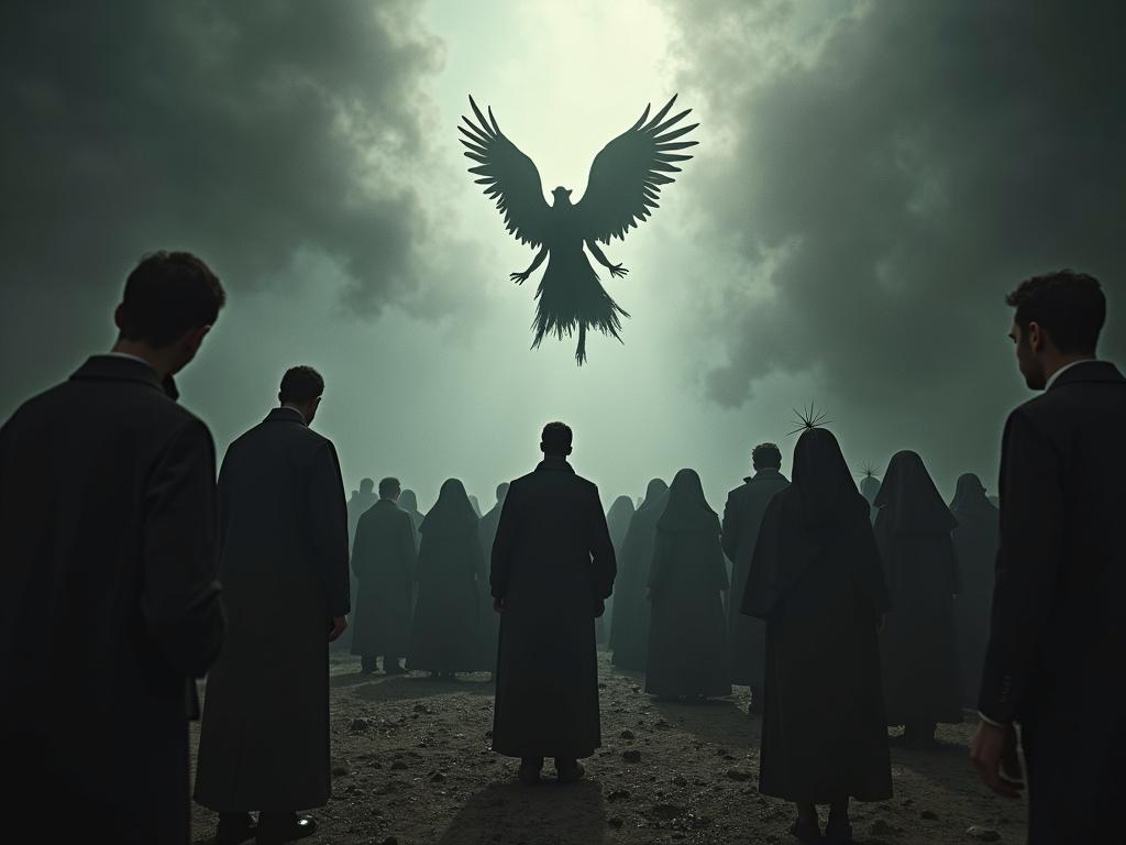 Scene depicting a group of people appearing confused in a misty landscape. Black spirits fly above their heads. A large bird silhouette dominates the sky. Figures are dressed in dark attire. The atmosphere is ominous and filled with mystery.