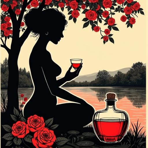 Modern linocut artwork shows a sensual outdoor scene by a pond. A black silhouette of a voluptuous nymph woman under a rosebush. She holds a low shot glass of bright reddish liqueur. A large transparent spirit bottle labeled 'ALFRUNO' is present. High contrast against a beige background.