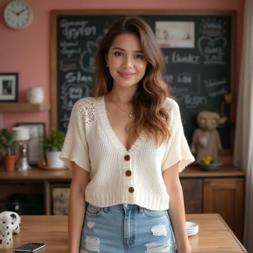 A lovely woman stands in a Hollywood-themed living room. The room is bright and cozy with movie decorations. She wears an off-white chunky open blouse with lace details. The blouse has a deep V-neck and three light brown buttons. Her jeans are light wash with rips at the knees. She has long wavy hair and a cheerful smile. She gestures happily and speaks into a microphone on the table. The lighting is warm and inviting, enhancing the relaxed atmosphere of the space. The walls have movie frames and a neon sign. The scene is suitable for a podcast or presentation.