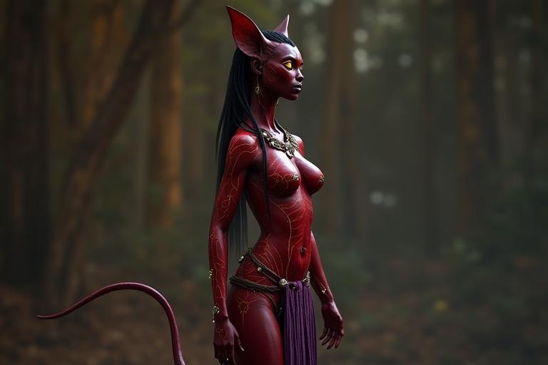 Tall graceful humanoid with bold presence. Dark red skin with maroon glowing stripes. Feminine hourglass figure with full breasts. Narrow waist and wide hips. Long toned limbs. Expressive tail. Fierce face with golden eyes. Black braided hair with beads. Beaded net top and purple loincloth. Reflects tribal identity and natural beauty.