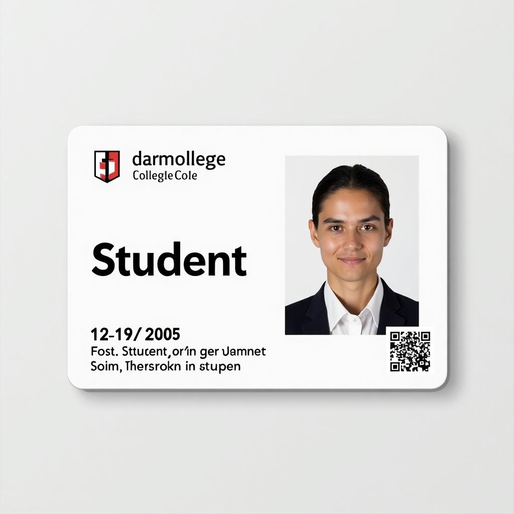 This image displays a student ID card from a German college. The card is prominently white, with bold text highlighting the word 'Student.' It includes a birth date of 12/19/2005 and features a QR code linking to personal data. The layout is professional, typical of college ID cards, presenting a serious and academic tone. The photo showcases the student in a formal manner, fitting the identity verification purpose of the card. Overall, it conveys a sense of legitimacy and educational status.