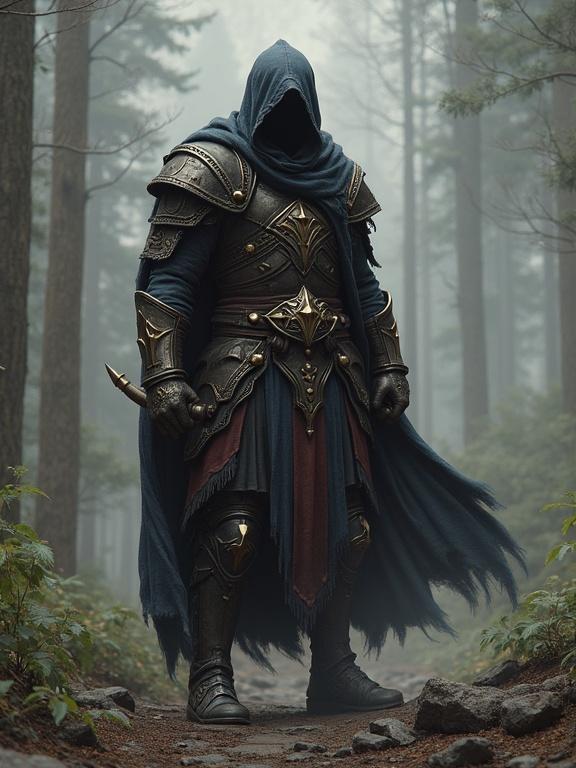 An armored figure stands in a misty forest. The figure wears a dark hood and intricate armor. The ambiance is mysterious and fantasy-themed.