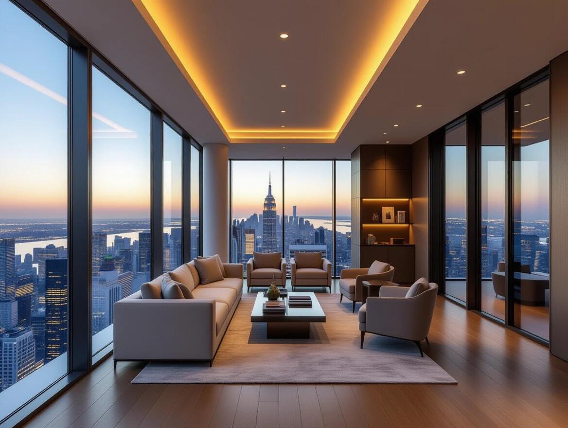 Ultra-luxurious community pod with spacious enclosed walls. Full-height glass window reveals city skyline. Minimalistic upscale interior design. Clean ceiling with warm lighting. Premium wooden flooring and designer furniture. Serene atmosphere with soft shadows and natural light. Photorealistic textures and rich materials.
