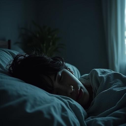 Person sleeping peacefully in a dark bedroom wrapped in a blanket with a black lamb nearby.