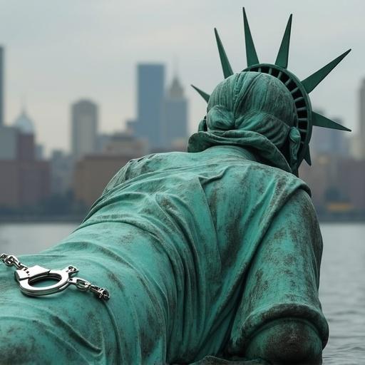 Image of a statue representing liberty lying facedown with handcuffs on.