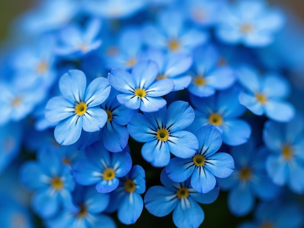 This image showcases a macro photograph of very tiny blue wild flowers. Each flower is vibrantly blue with delicate petals that exhibit a soft gradient. The flowers are densely packed together, creating a beautiful tapestry of color. Some flowers feature a slight white center and dark striations that add to their charm. The image captures the intricate details of the petals, exposing textures and patterns that are often overlooked. This composition conveys a sense of serenity and the beauty of nature.