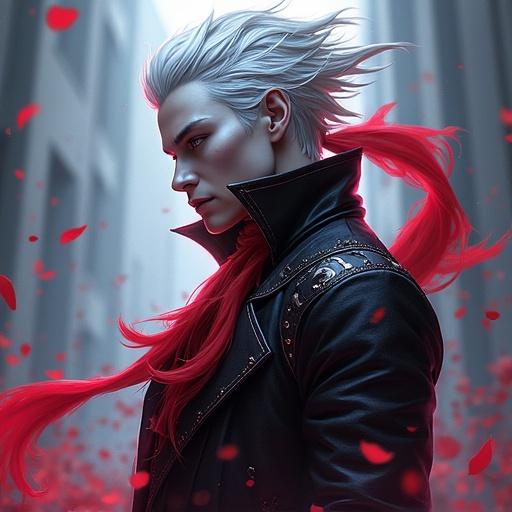 An enigmatic character with silver hair and a long red cape standing in an urban setting. The character wears a dark outfit and is surrounded by floating red petals, creating a dramatic atmosphere.