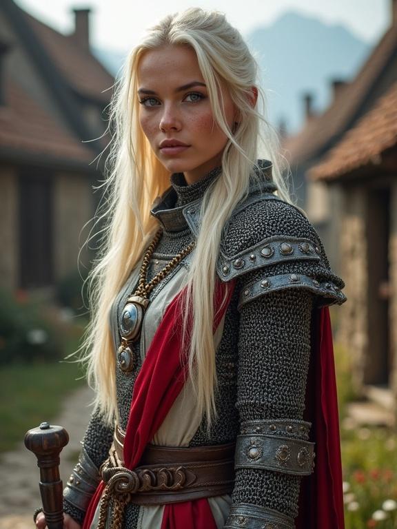Photorealistic depiction of a young woman in chainmail armor with a red and white tabard. She has long pale blonde hair, pale blue eyes and freckles. The woman holds a mace and shield, standing confidently in a medieval village.
