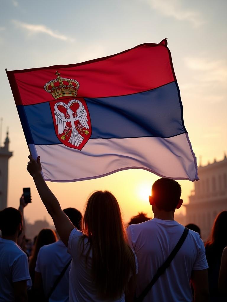 A large Serbian flag is waved by a person. The background shows a crowd of people celebrating. The sun is setting in the background creating a warm glow. Majority of people in the image wear white t-shirts.