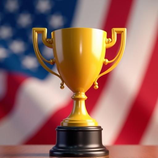 A trophy designed in an animation-like style is set against an American flag background. The trophy is shiny and golden in color. The background features bright red and blue colors of the flag. The image captures a celebratory mood.