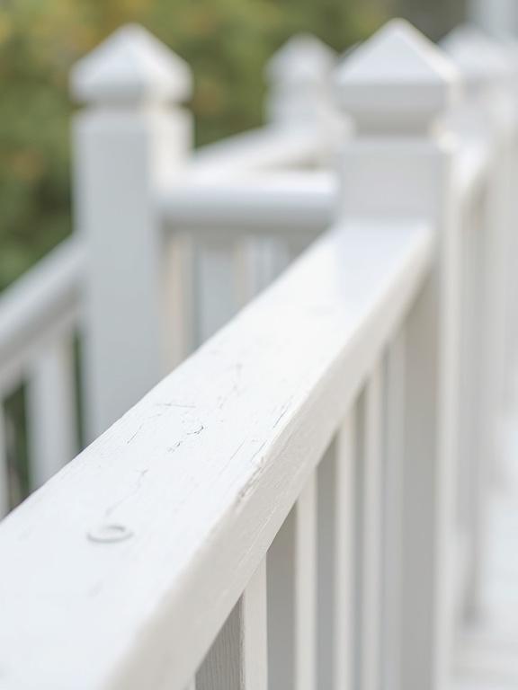 Photograph showcases a white painted wooden railing that is straight. Focus on the texture of the wood and craftsmanship. Image is photorealistic.