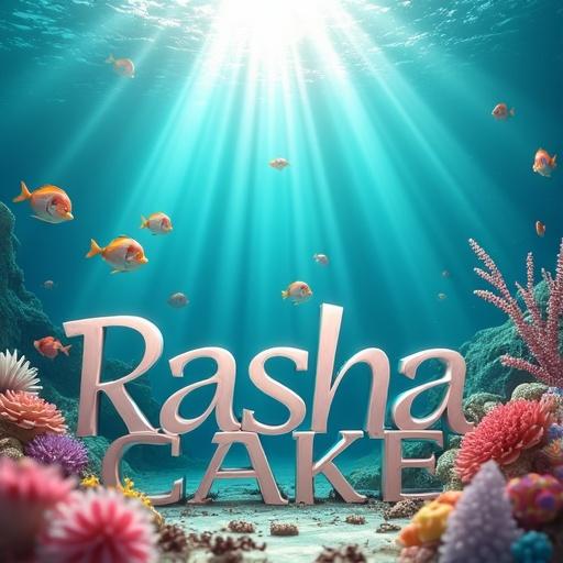 Underwater scene with elegant 'Rasha Cake' text on ocean floor. Colorful fish swim around. Ocean floor features cake-themed elements like chocolate chunks, cake slices, sprinkles, and frosting. Sunlight rays shine through blue water. Smooth upward camera movement.