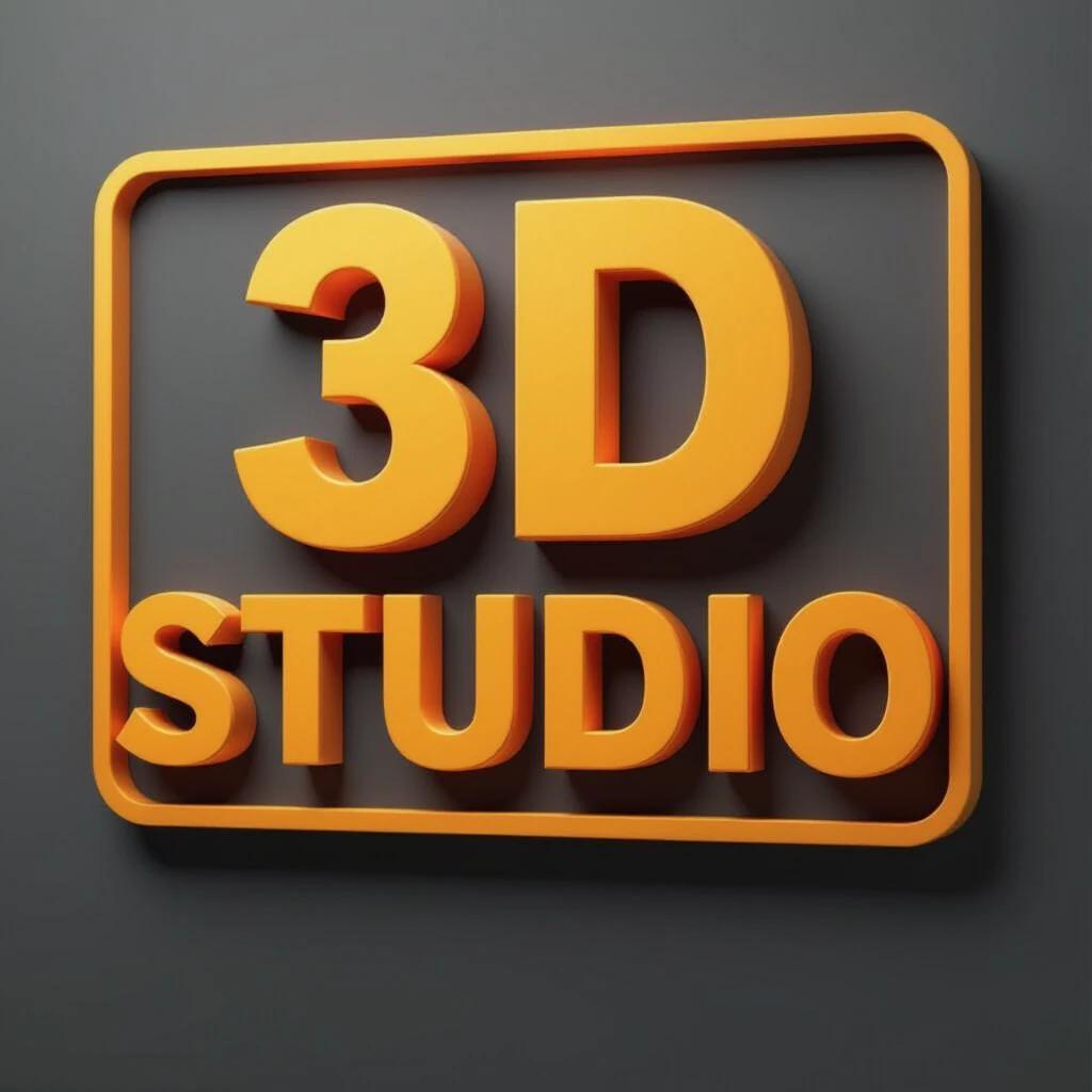 3D studio sign with bold modern text and 3D effect. Clean dark background emphasizes the sign. Professional camera captures the image vividly.