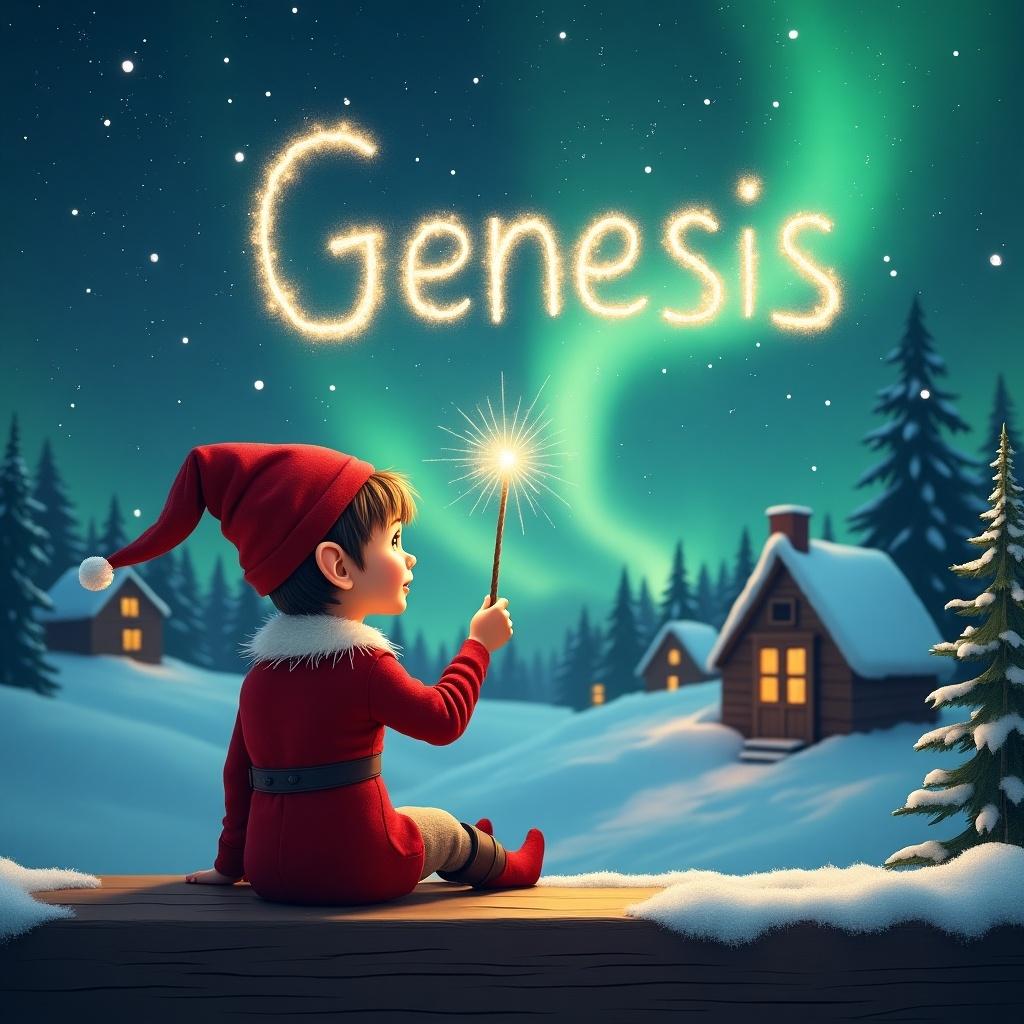 An elf dressed in a red costume and pointed hat sits on a ledge. The elf holds a glowing wand and writes Genesis in the sky. Snowy terrain with houses and trees is in the background under the Northern Lights. A whimsical childhood atmosphere prevails.