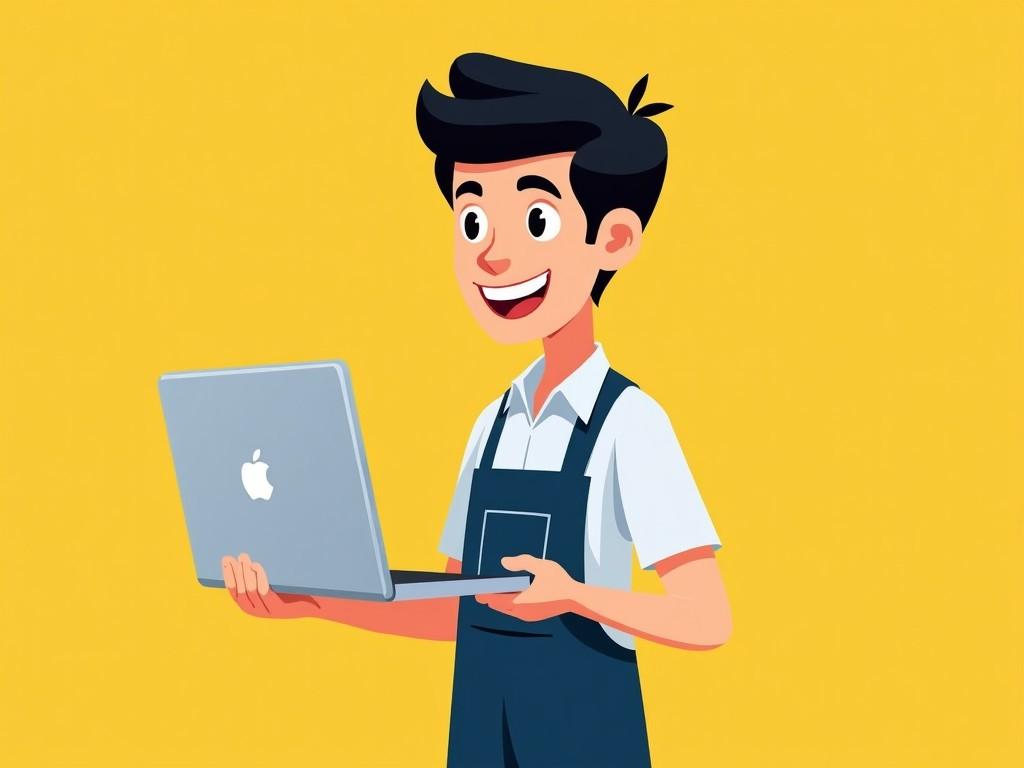 This image features a stylized animated character holding a laptop, standing against a smooth yellow background. The character has short black hair and is dressed in an auto repair uniform, exuding a friendly and approachable vibe. The bright colors complement the cheerful atmosphere, making it suitable for tech-related content. The laptop has a recognizable logo, indicating proficiency in technology. Perfect for illustrations in promotional materials or educational articles.