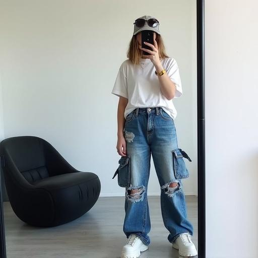 A young woman takes a mirror selfie. She wears a distressed baseball cap and dark sunglasses. A round-neck white t-shirt is worn. Extremely baggy, faded blue jeans with rips are on her. Chunky platform white sneakers complete her look. The setting features a black lounge chair and plain white walls. Minimal styling creates a casual vibe.
