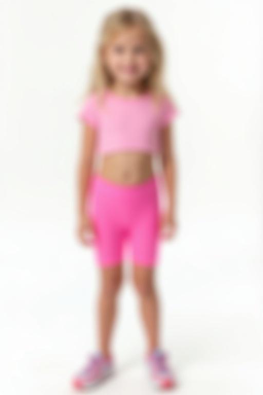 A blonde caucasian girl around age 10 is standing in front of a white background. She is wearing pink cycling shorts and a matching crop top. The image is photo realistic and high resolution.