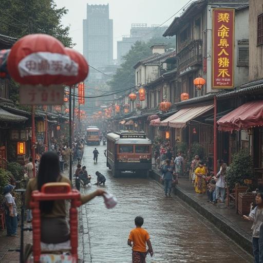 A street scene in an old town. People walking along the river. Traditional buildings lined with lanterns.