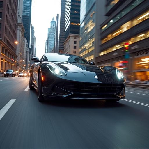 Supercar racing through city streets with multiple police cars involved in a chase. Image features a backdrop of skyscrapers. Realistic, photo-like detail.