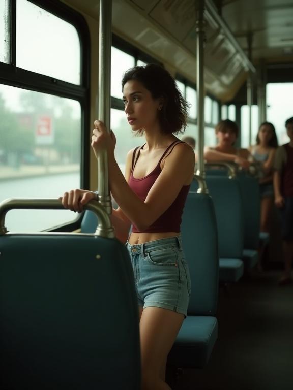 Overexposed and grainy image from a bus seat. Woman in tank top and jean shorts holding a rail. Face slightly blurred. Skin tone appears unusual. Outfit stands out. Lighting is plain and dull.