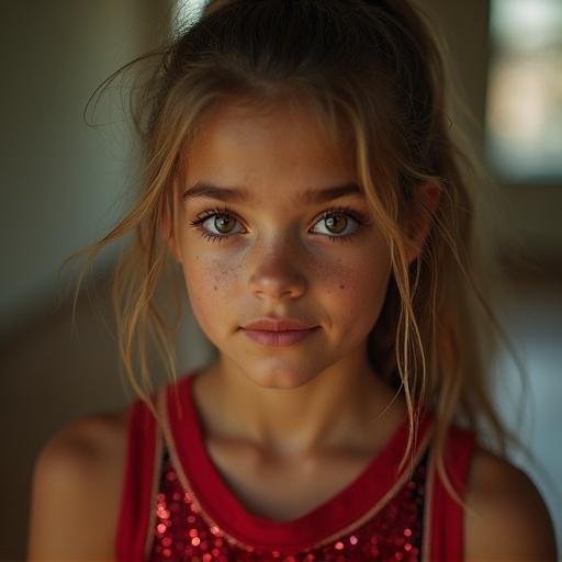 A high school cheerleader with a red sparkly crop top. She has messy tear-streaked makeup and messy hair. Thick eye shadow and eyeliner highlight her big eyes and small nose. The shot captures her upper body with soft lighting and silhouette effect.