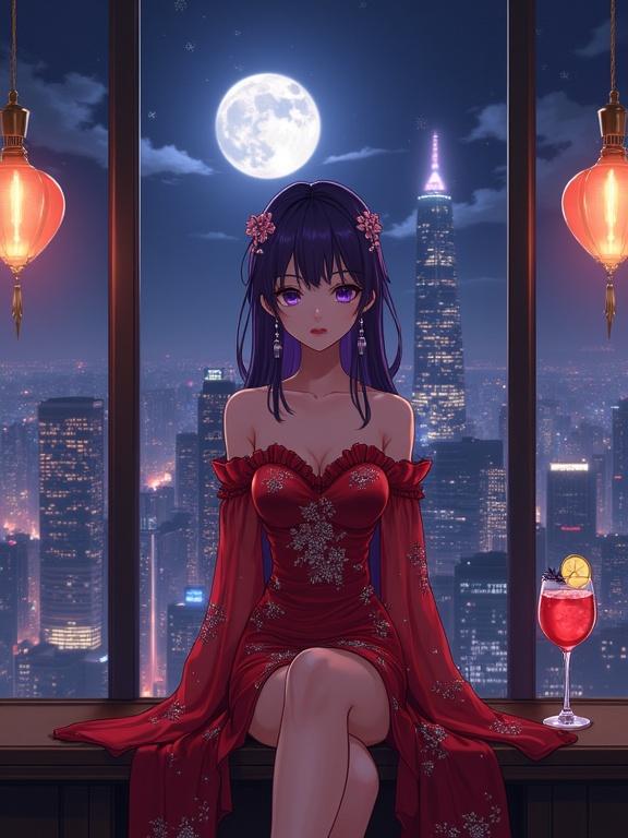 A woman sits in front of a large window in a luxury lounge. She has long violet hair and sharp violet eyes. Dressed in a shiny red gown with floral patterns. Wearing kanzashi pins and long silver earrings. A wine-red cocktail is on the counter. The city skyline glows at night with a full moon.