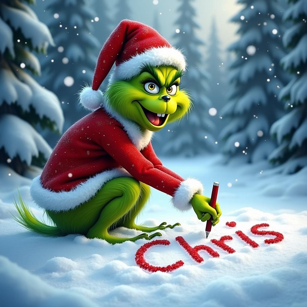 Grinch wearing Santa suit writing name Chris in fresh snow. Snow is falling. Scene surrounded by snow-covered trees. Grinch has cheerful expression.