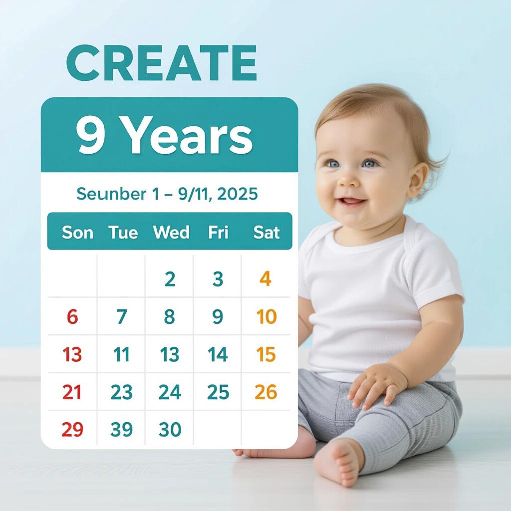 Create a educational calendar for a baby from 1 year to 2 years old with daily milestones starting from September 1 2025. Calendar includes days of the week details. Baby appears in front of the calendar.