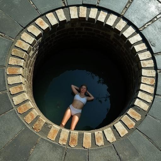 Surreal scene shows a well framed by cobblestones. A person relaxes in the water below. Bright sunlight illuminates the well.