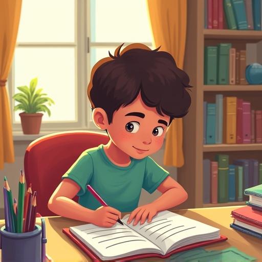 Cartoon style image featuring a student engaging with notes at a desk in a cozy bedroom setting