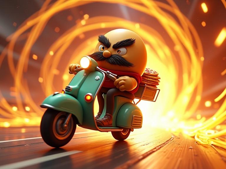 3D animated angry egg rides futuristic hover-vespa through glowing swirling wormhole made of spaghetti strands. The egg appears furious with a thick mustache and bushy eyebrows. Scooter's luggage box contains glowing pizzas. Egg wears red neckerchief for Italian flair. Scene has motion blur and speed lines. Background features psychedelic colors and warped space effects. A humorous sci-fi adventure with exaggerated Italian theme.