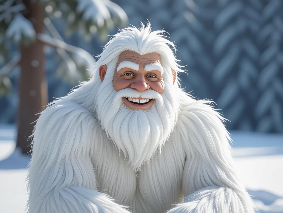A bigfoot character with fluffy white fur sitting in a snow-covered forest Smiling in a realistic style Full body depiction in a natural setting
