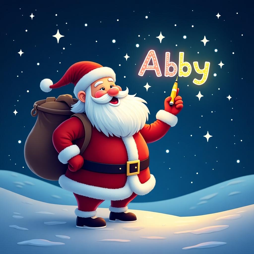 Christmas theme features Santa writing the name Abby in colorful glowing font in the sky with a pen.