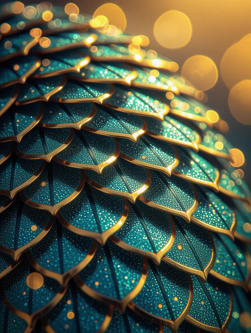 Extreme macro photography showcases crystalline dragon or fish scales. Iridescent surfaces in turquoise and emerald with golden metallic edges. Warm amber light reflects on the scales. Bokeh lighting effects create soft glowing orbs. Scales feature intricate crystalline textures. Photorealistic detail with clarity in the foreground. Dreamy luminous bokeh in the background. Lighting interplays cool teal-turquoise tones and warm highlights. Ultra-sharp macro lens used for exceptional clarity.