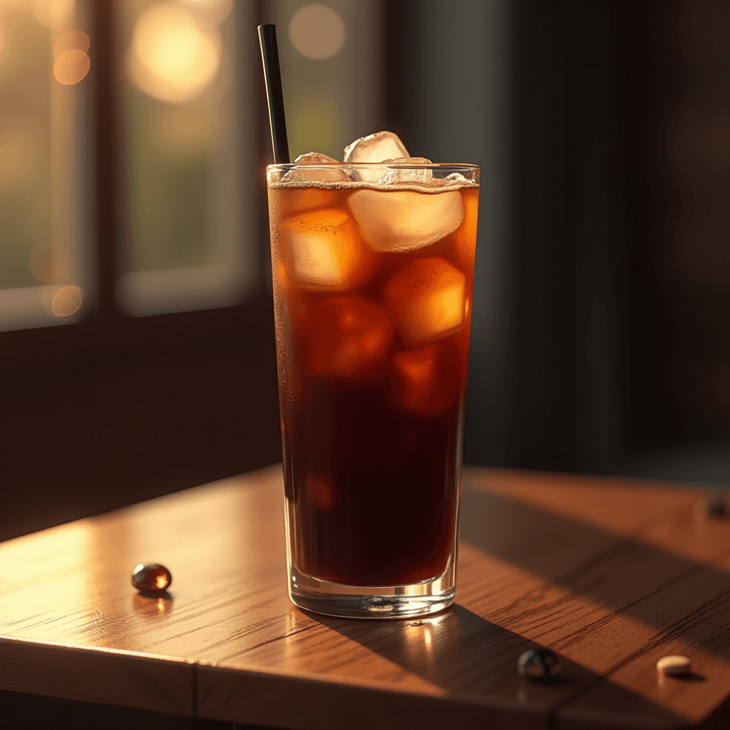 A glass of iced coffee with sunlight streaming in, highlighting the ice cubes and creating a warm, inviting atmosphere.