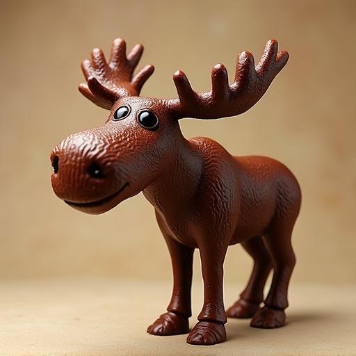 A playful and cute toy moose made of chocolate-colored material with antlers and a friendly expression