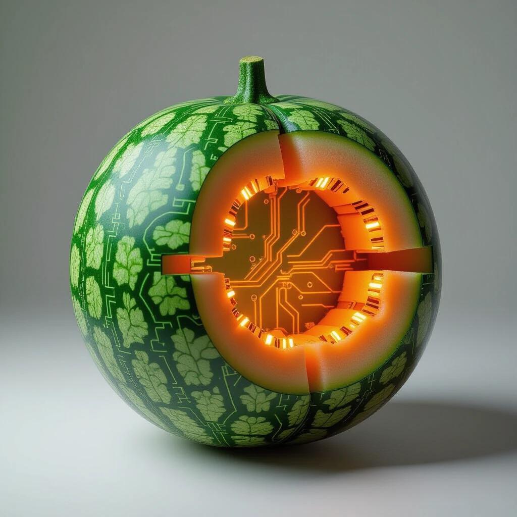 A round melon designed with vibrant green circuit panels. The melon is cut open to reveal glowing wiring inside. It demonstrates a blend of organic and technological features. The atmosphere conveys a sense of futuristic innovation.