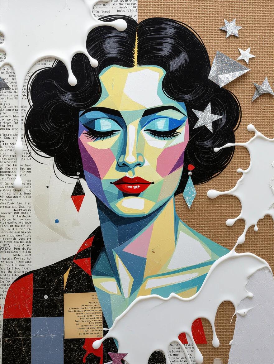 A colorful abstract portrait of a woman created with various textures. Incorporates splashes of white that resemble milk. Elements include newspaper and jute fibers, along with glittering confetti and origami. The artwork has scratches, drops, and tears, showcasing a vivid and tactile aesthetic. This is a close-up image of digital art featuring layers and textures reminiscent of modern surrealism.