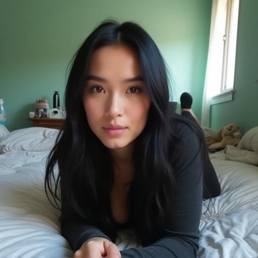A woman lying on a bed facing the camera. She has long jet-black hair and smooth skin. Attire includes dark leggings and a long-sleeved shirt. The room features mint-green walls and soft light from curtains, creating a relaxed vibe.