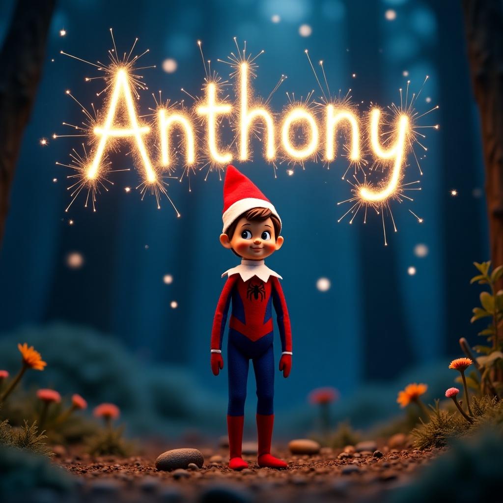 This image features a cheerful little boy pixie, inspired by the Elf on the Shelf concept, standing in a magical woodland scene at night. He has short brown hair and brown eyes, dressed in a vibrant Spiderman costume. The background displays a soft, enchanting atmosphere with trees and flowers illuminated by a gentle blue light. Above him, the name 'Anthony' is written in bright, sparkling letters created by sparklers, adding a whimsical touch. The overall vibe is enchanting and festive, suitable for children's themes.