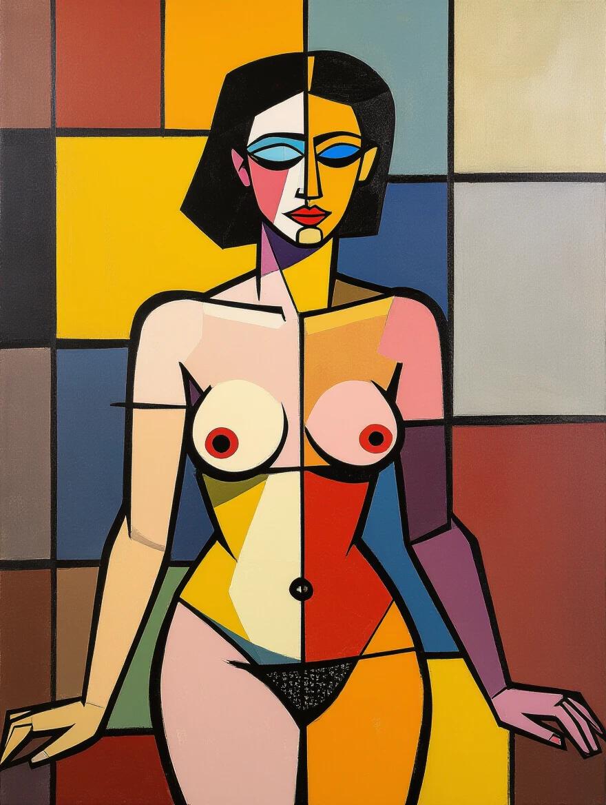 Stylized depiction of a nude woman inspired by Mondrian's geometric color blocks. Artistic blending of modernism and Dadaism.