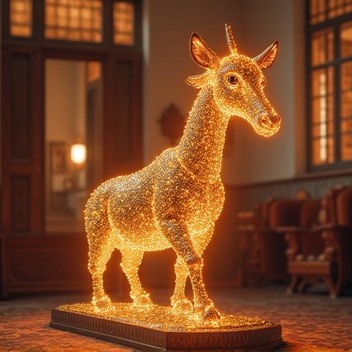 Create an illuminated deer sculpture in a cozy indoor setting. The deer made of lights is the focal point of the composition. The atmosphere should feel warm and festive.