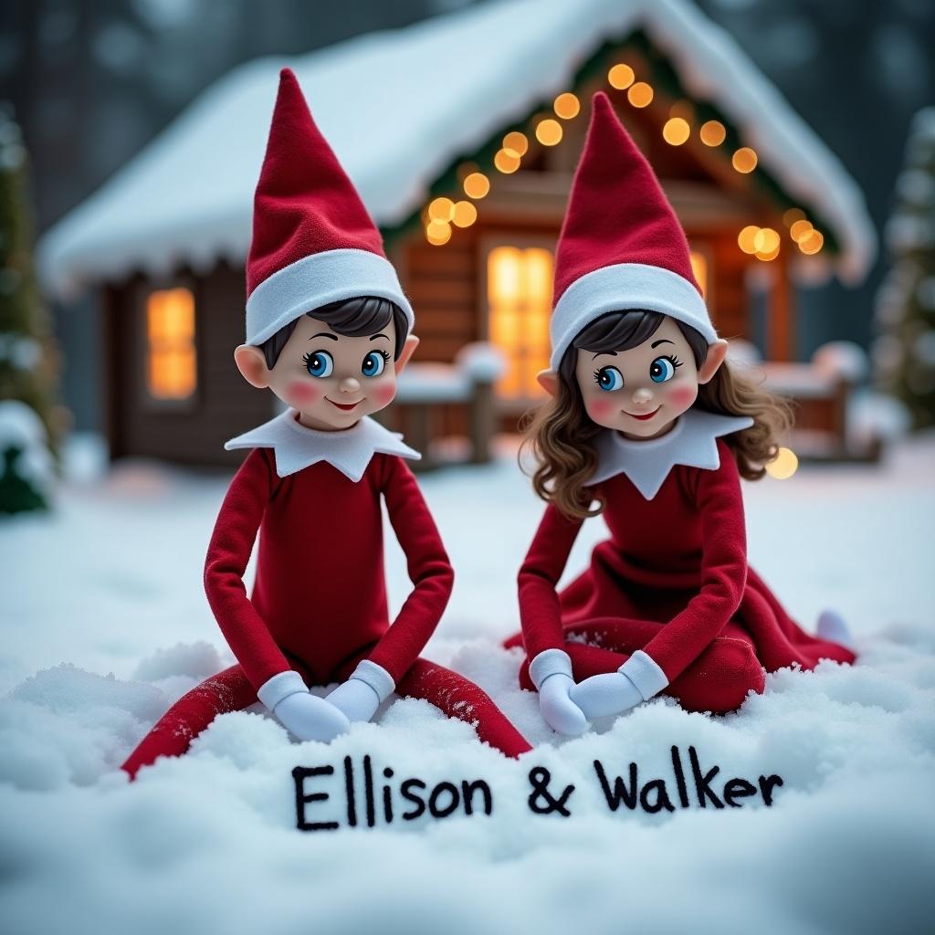 Image of a boy elf and a girl elf in a snowy landscape. Elves wear red outfits. Elves write 'Ellison & Walker' in the snow. Quaint cabin with lights in the background. Scene reflects holiday magic and cheer.