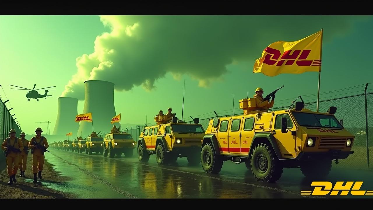 In a dramatic scene, several large yellow armoured cars drive up to a fence. The armoured cars are painted with the DHL logo. Nearby, several soldiers wearing yellow uniforms and holding rifles are seen marching together in unison. One soldier stands valiantly holding a flag with the DHL logo. In the background, we can see the prominent smokestacks of a nuclear power plant, glowing green. The sky is awash with an evil green glow, and a large yellow Chinook cargo helicopter flies above, adding to the intensity of the scene. At the bottom, we see the DHL logo, displayed in bold, yellow text.