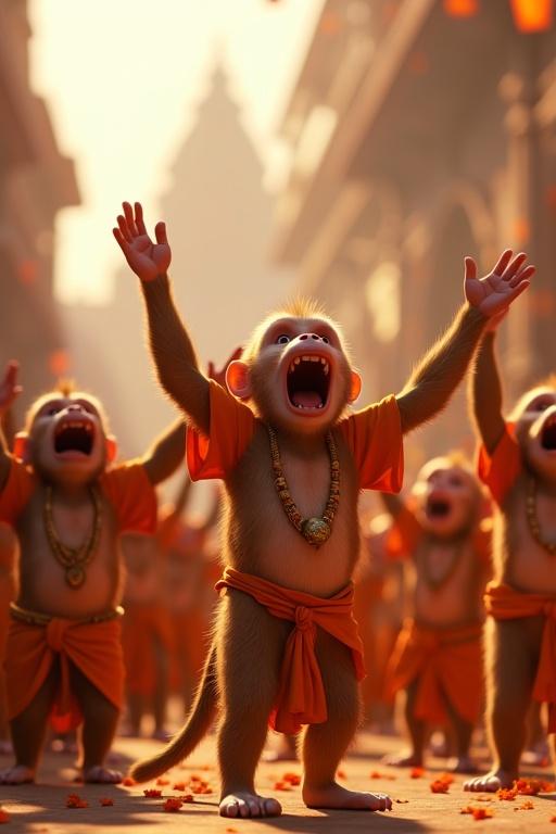 A scene of anthropomorphic monkeys standing on two legs. They raise their arms in unison chanting. Expressions show devotion and joy. Ultra-HD 4K image with bright colors. Saffron and white attire slightly glowing. Instruments like dhol add rhythm. Temple courtyard full of energy. Garlands and incense smoke present. Flowers scattered. Cinematic 3D animation captures unity and grandeur.